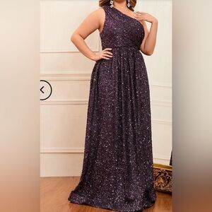 Plus One Shoulder Sleeveless Sequin A Line Dress.